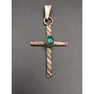 Vintage Sterling Silver Cross Pendant Little CR Signed Green Stone Southwestern